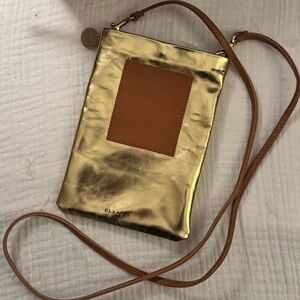 Clare V Metallic Gold and Tan Crossbody Bag / Poche